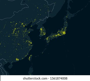 World map, planisphere with prominent urban areas. Night view of the earth, Asia. Satellite view of the cities illuminated in the night. East Asia, Japan, Korea, China, Taiwan