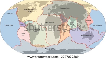 World Map With Plate Tectonics Outlines Vector 