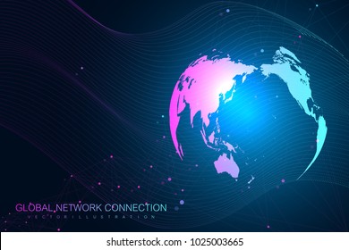 World map point with global technology networking concept. Digital data visualization. Lines plexus. Big Data background communication. Scientific vector illustration