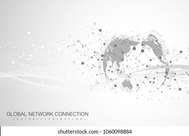 World map point with global technology networking concept. Digital data visualization. Lines plexus. Big Data background communication. Scientific vector illustration