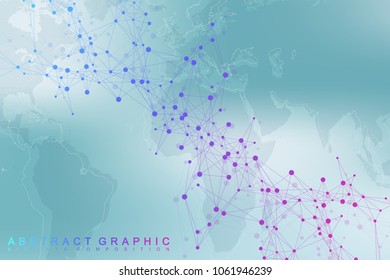 World map point with global technology networking concept. Digital data visualization. Lines plexus. Big Data background communication. Scientific vector illustration
