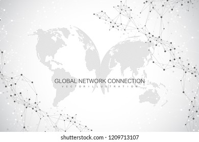 World map point with global technology networking concept. Digital data visualization. Lines plexus. Big Data background communication. Scientific vector illustration.