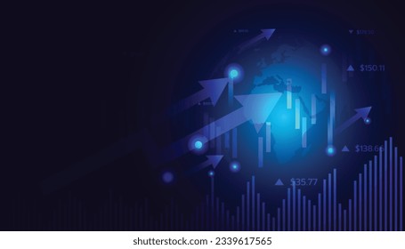 World map point and line chart of global business,financial data graph strategy world economy finance and arrow up trend market chart profit money. arrow up trend vector illustration.