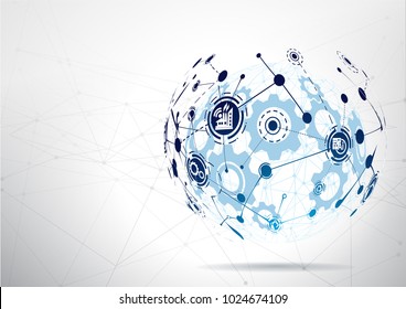 World map point and line composition concept of Industry 4.0 concept Internet of things network, cybernetic abstraction with innovative industrial schemes.-Vector Illustration
