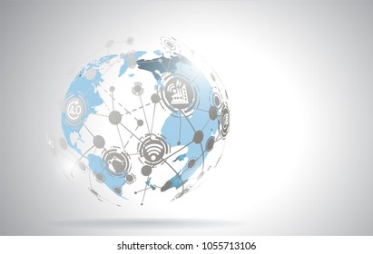 World map point and line composition concept of Industry 4.0 concept Internet of things network, cybernetic abstraction with innovative industrial schemes.-Vector Illustration 