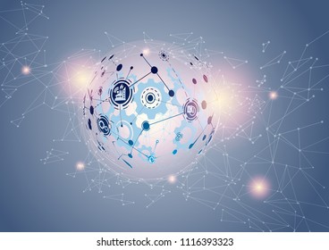 World map point and line composition concept of Industry 4.0 concept Internet of things network, cybernetic abstraction with innovative industrial schemes.-Vector Illustration 