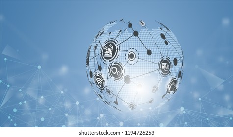 World map point and line composition concept of Industry 4.0 concept Internet of things network, cybernetic abstraction with innovative industrial schemes.-Vector Illustration 