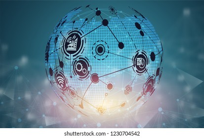 World map point and line composition concept of Industry 4.0 concept Internet of things network, cybernetic abstraction with innovative industrial schemes.-Vector Illustration 