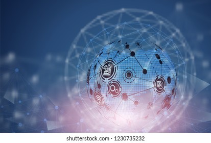 World map point and line composition concept of Industry 4.0 concept Internet of things network, cybernetic abstraction with innovative industrial schemes.-Vector Illustration