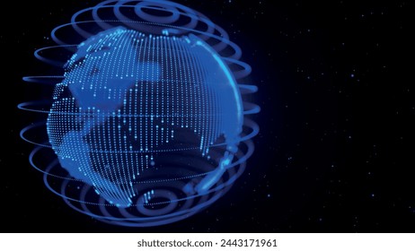 World map point and line composition concept. Blue point world globe Europe and Africa. Global network connection and data connections concept. Earth element. 3D vector illustration.