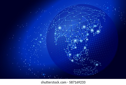 World map point, line, connect dots composition, representing Global network connection, international. Vector blue Asia China, India, Japan. Polygonal low poly triangle. Planet Earth continent