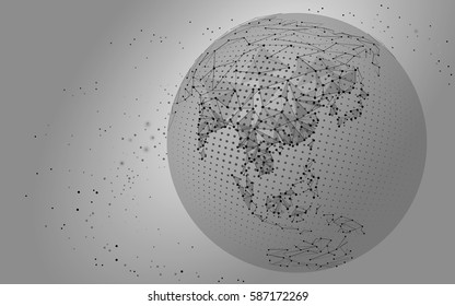 World map point, line, connect dots composition, representing Global network connection, international. Vector white monochrome Asia China, India, Japan. Polygonal triangle. Planet Earth continent