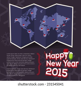 world map with point of santa clause hat come with happy new year letters design. christmas concept - vector illustration