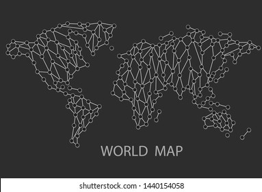 World Map Point scales on dark background. Wire frame polygonal network line, dot and white line.