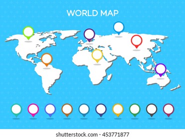 World map with pointer isolated on blue background. Vector Illustration
