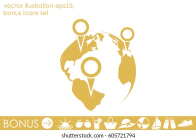 World map with pointer marks icon vector illustration EPS 10.
