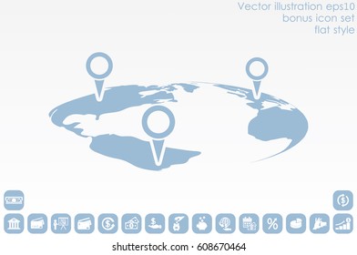 World map with pointer marks icon vector EPS 10, abstract sign flat design,  illustration modern isolated badge for website or app - stock info graphics.