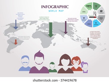 World  map with pointer marks and icons of people