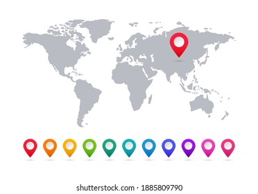 Mapa mundial con punteros. Colección de marcadores de mapa. Conjunto de clavijas de mapa coloridas. Elementos infográficos. Iconos de localización y navegación del GPS.