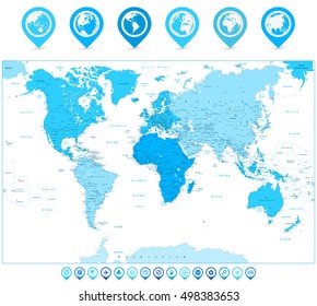 World Map with map pointers and continents in colors of blue isolated on white. Highly detailed vector illustration of World Map.