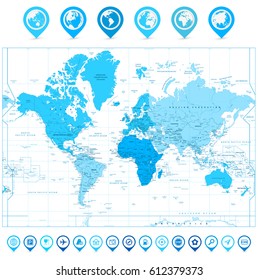 World Map with map pointers and continents in colors of blue isolated on white. Highly detailed map illustration with countries, cities and navigation symbols.