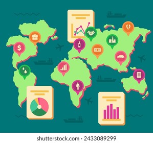 Mapa del mundo con punteros e iconos económicos. Ilustración vectorial. Gráficos, diagramas, producciones, recursos naturales. Mapa de la actividad económica, concepto de economía mundial