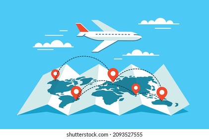 World map with pointers and flying plane. Travel, vacation concept. Flat style vector illustration