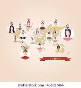 World map with pointers of location popular game and avatars. Vector illustration in flat design. 