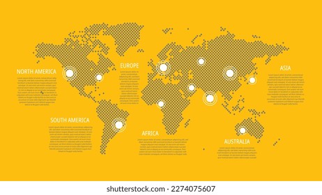 World map with pointers. North, South America, Europe, Asia, Africa, Australia. Vector illustration for web page, global business, communication, text sample, infographics, travel, connection