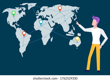 World map with points and location geotags vector, man working with partners worldwide. Businessman at work, presentation of personage flat style