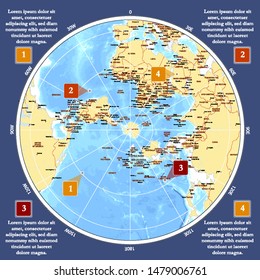 World map in polar projection with grid. Antarctic center