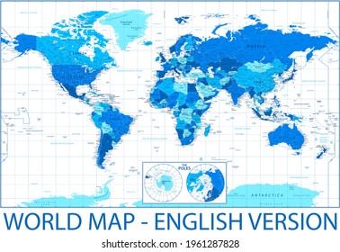 World Map and Poles. Blue and White Color. Vector Detailed Illustration