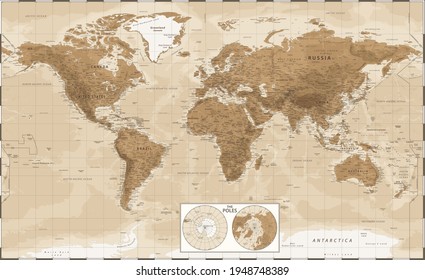 World Map and Poles - Vintage Physical Topographic - Vector Detailed Illustration