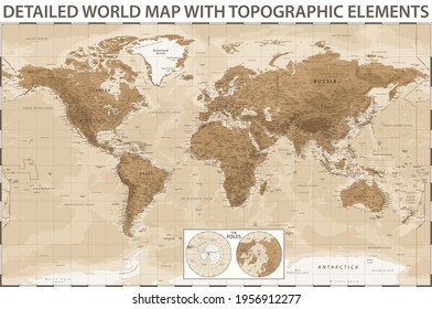 World Map and Poles - Vintage Physical Topographic - Vector Detailed Illustration