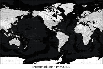 World Map - Political - American View - America in Center - Black and White Color Vector Detailed Illustration