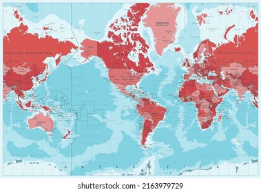 World Map - Political - American View - America In Center - Red And Pink Colors Water Bathymetry. Vector Detailed Illustration Of World Map.