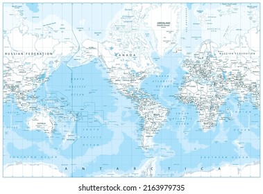 World Map - Political - American View - America in Center - White Color. Vector Detailed illustration of World Map.