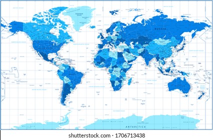 World Map - Political - Blue and White Color - Vector Detailed Illustration