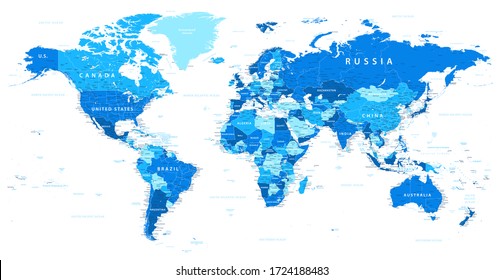 World Map Political - Blue and White Color - Vector Detailed Illustration