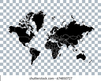 World map with political borders isolated on transparent background