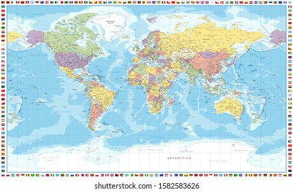 World Map Political and Flags - Vector Detailed Illustration