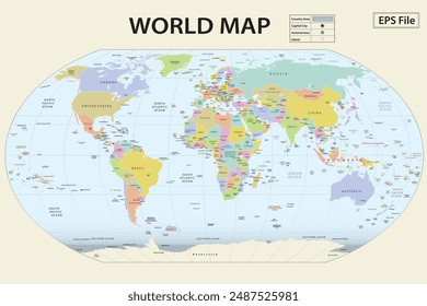 World map. Political maps of North and South America, Europe and Asia, Africa and Australia continents. Colourful world map countries and country names. Geography politics map.