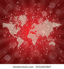 World map. Political map of the world on a bright, colorful background. Globe. Sun rays. Bright yellow, blue, red, orange, green color explosive background. Vector illustration.