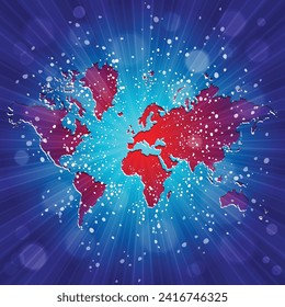World map. Political map of the world on a bright, colorful background. Globe. Sun rays. Bright yellow, blue, red, orange, green color explosive background. Vector illustration.