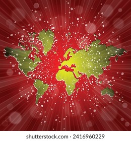 World map. Political map of the world on a bright, colorful background. Globe. Sun rays. Bright yellow, blue, red, orange, green color explosive background. Vector illustration.