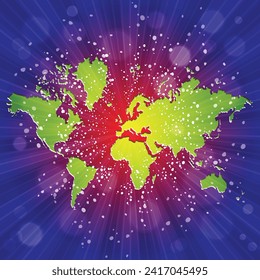 World map. Political map of the world on a bright, colorful background. Globe. Sun rays. Bright yellow, blue, red, orange, green color explosive background. Vector illustration.