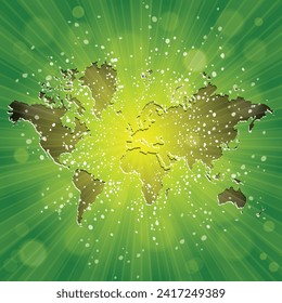 World map. Political map of the world on a bright, colorful background. Globe. Sun rays. Bright yellow, blue, red, orange, green color explosive background. Vector illustration.