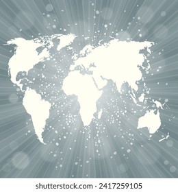 World map. Political map of the world on a bright, colorful background. Globe. Sun rays. Bright yellow, blue, red, orange, green color explosive background. Vector illustration.