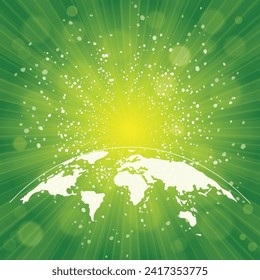 World map. Political map of the world on a bright, colorful background. Globe. Sun rays. Bright yellow, blue, red, orange, green color explosive background. Vector illustration.