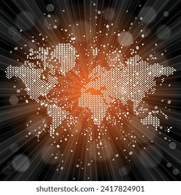 World map. Political map of the world on a bright, colorful background. Globe. Sun rays. Bright yellow, blue, red, orange, green color explosive background. Vector illustration.